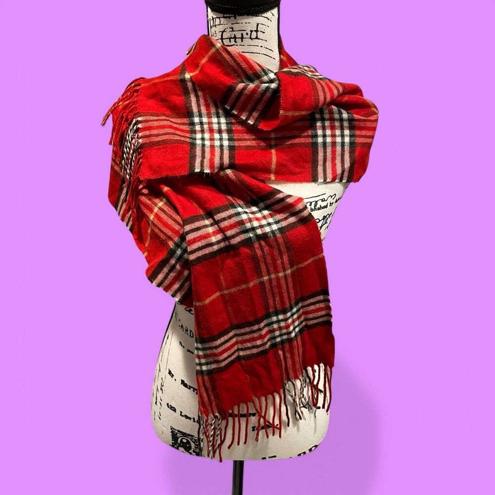 Cute classic Y2K red tartan plaid fringe scarf wrap Made in Germany 11.5 x 29”